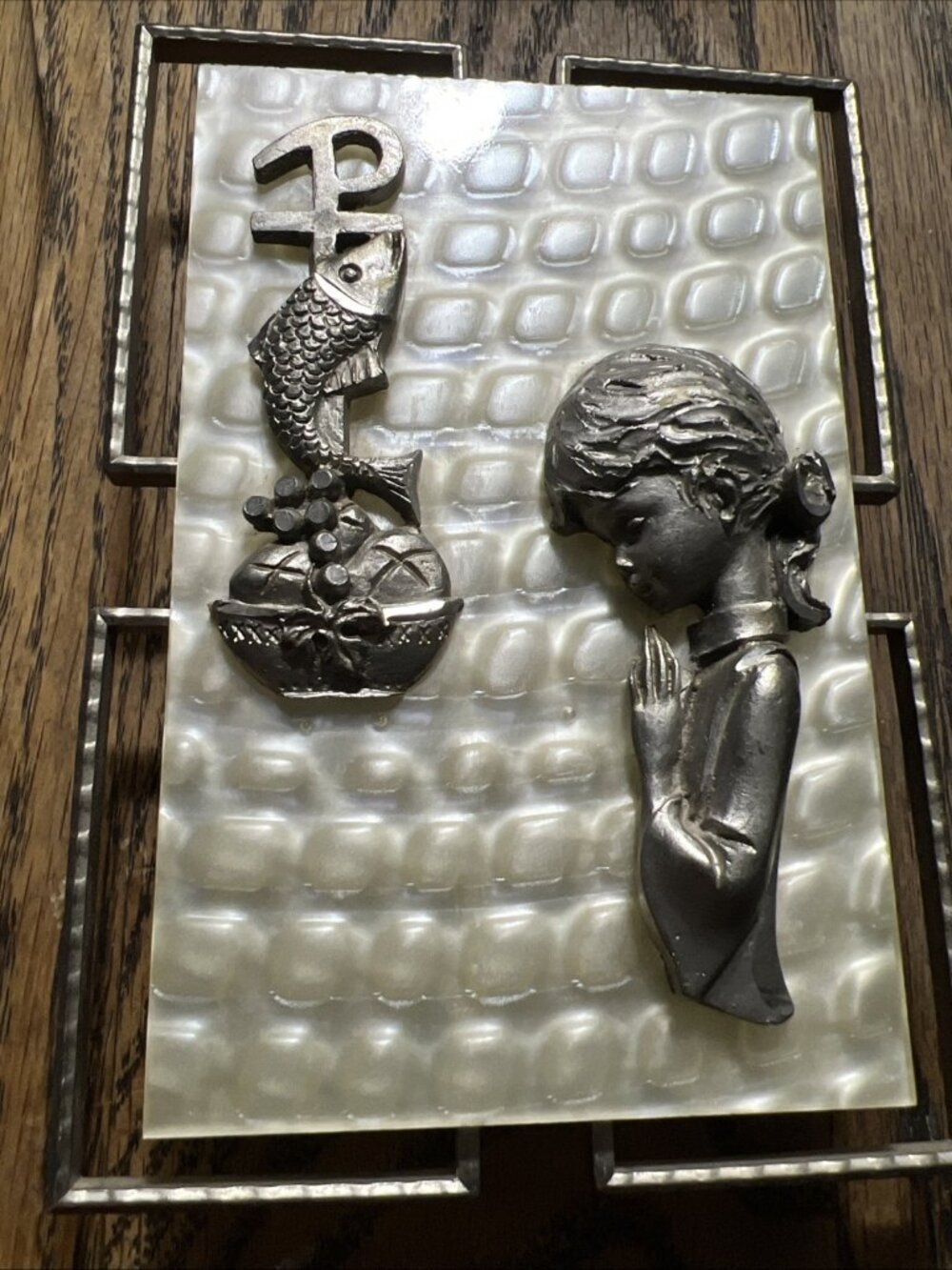 1960 Religious "Hand Chiseled" Peltro Italy Collection Standing Plaque Girl EUC